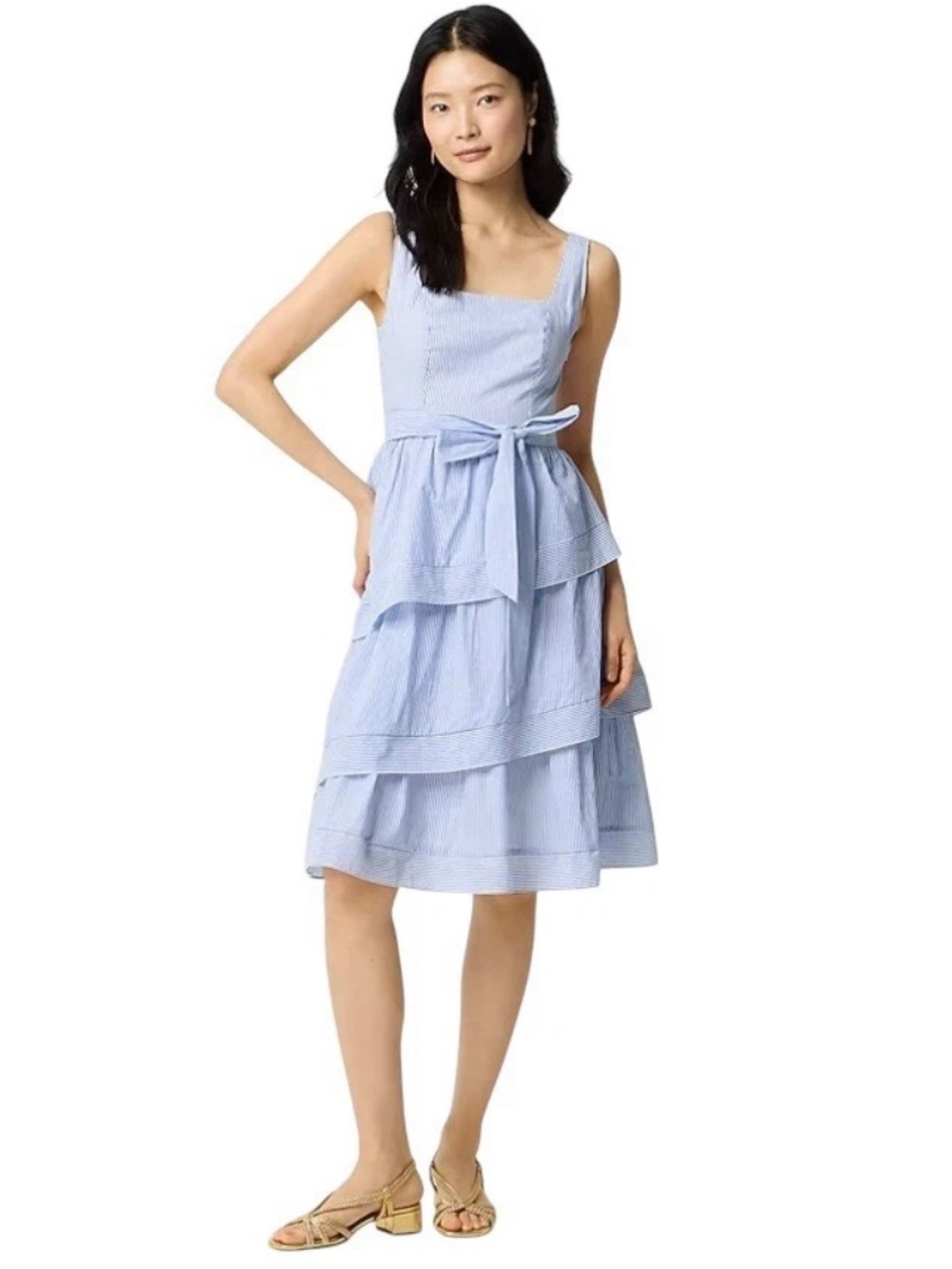 J.Crew Blue & White Seersucker Tiered Midi Dress NWT Size 0P